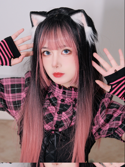 Straight Pink Wig Bangs Black Ombre Air with and 68CM