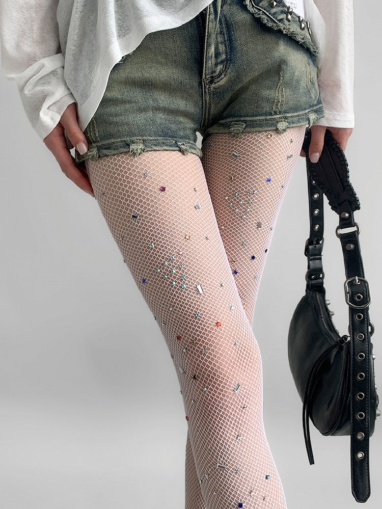 Rhinestone Fishnet Decorated White/Brown Tights