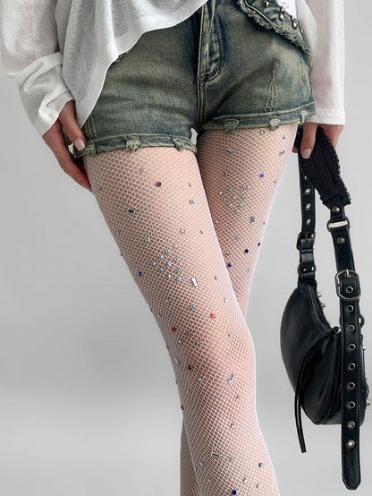 Rhinestone Fishnet Decorated White/Brown Tights