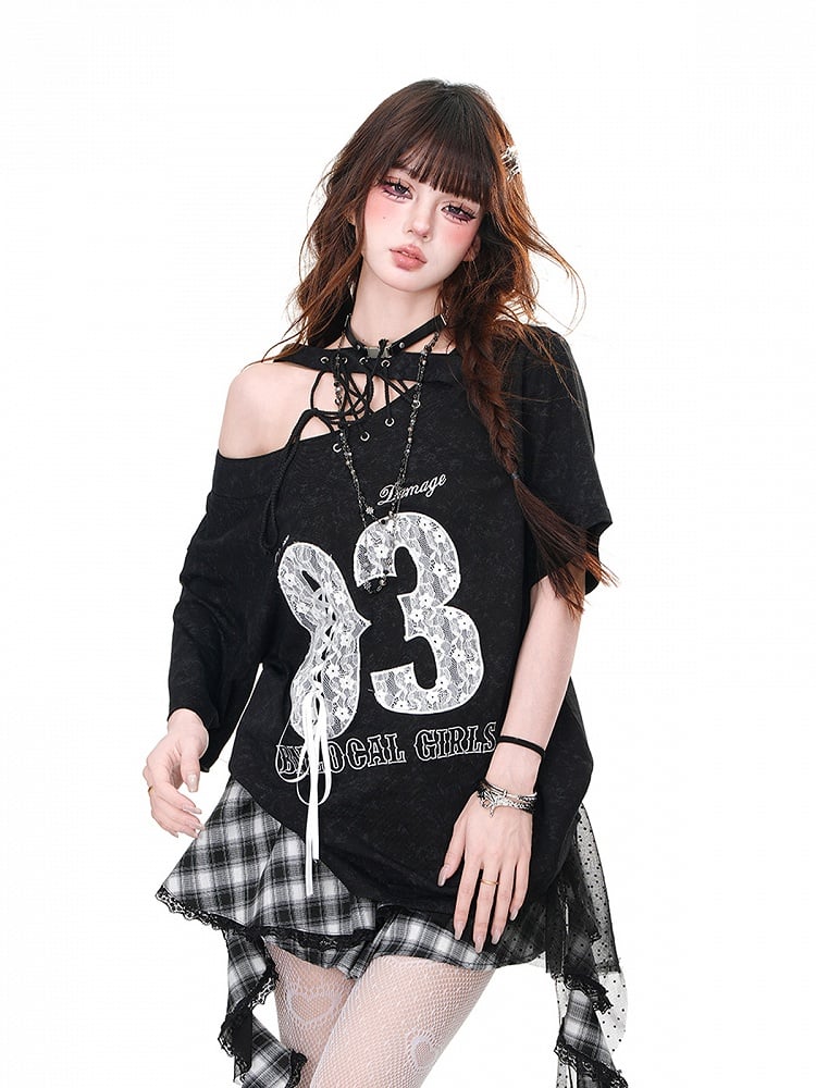Black/White Cutout Shoulder Letter T-Shirt Lace-up Detail at Shoulder