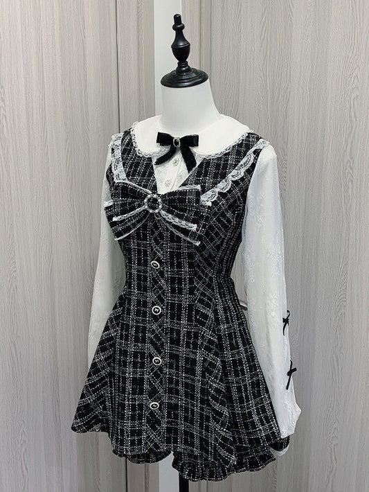 Minikleid mit Shorts und Schleife, abnehmbarer großer Jirai Kei, schwarz-weißer Tweed-Peter-Pan-Kragen