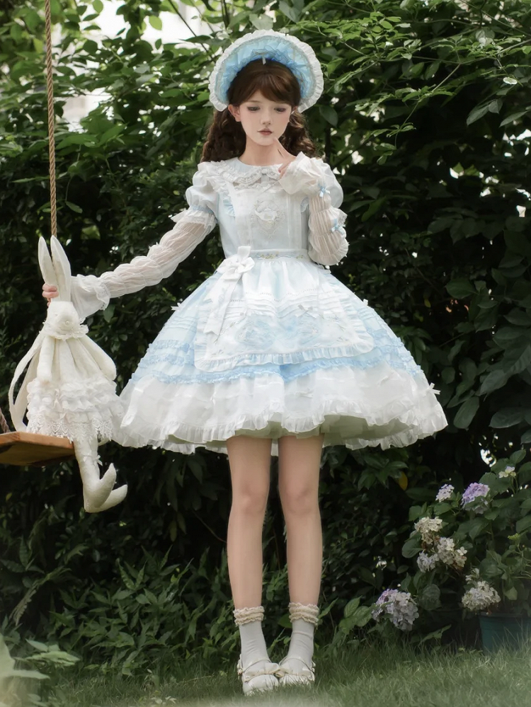 und Peter Collar Lolita Kurzes blaues Pan-Kleid mit weißen Ärmeln