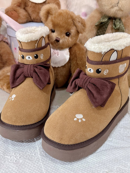 Winter Lolita Fleece Sweet Bear Ankle Brown Themed with Lining Boots
