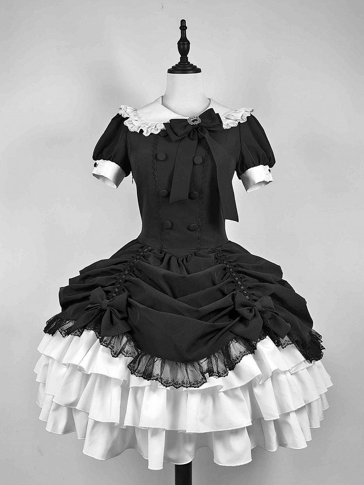 and Asymmetrical Dress Black Lolita Peter Pan White Skirt Tiered Gothic Sleeves Collar Short