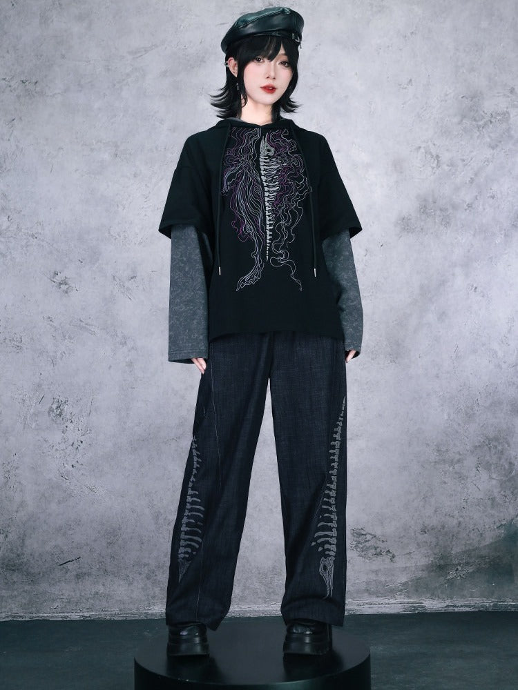 Black Straight-Leg Denim with Embossed Skeleton Whale Graphic - Quirky Hut