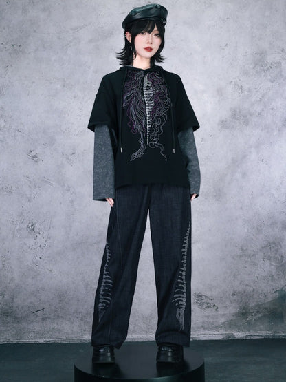 Black Straight-Leg Denim with Embossed Skeleton Whale Graphic - Quirky Hut