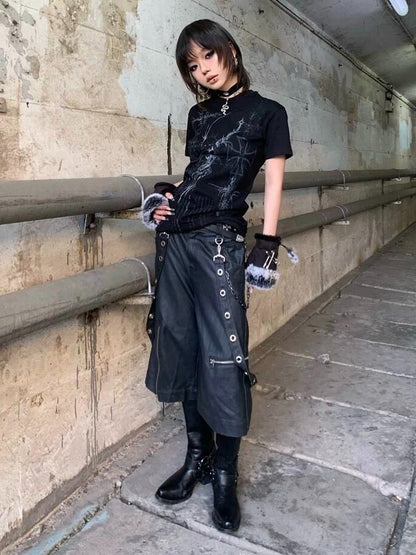 Edgy Genderless Black Double Collar Tee with Cross Graphic - DETW OnLine