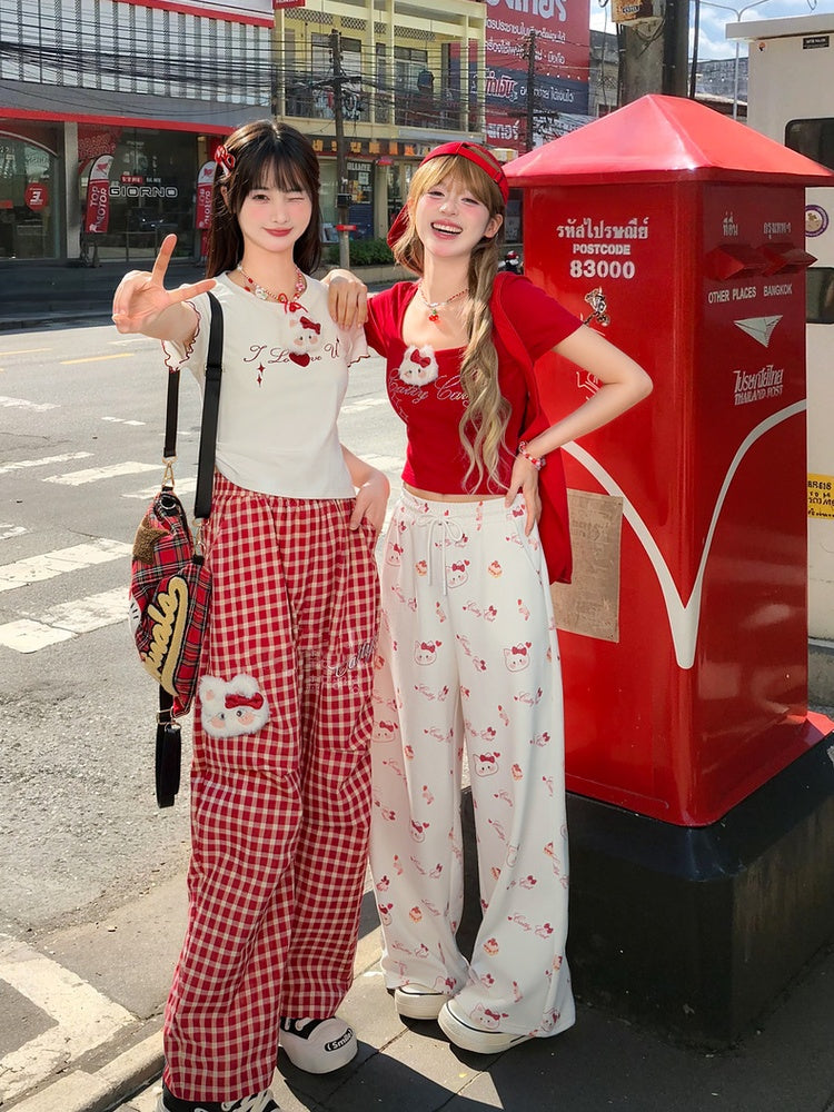 キティのぬいぐるみ付きパンツ（レッドチェック柄）ウエストゴムワイドレッグカジュアル