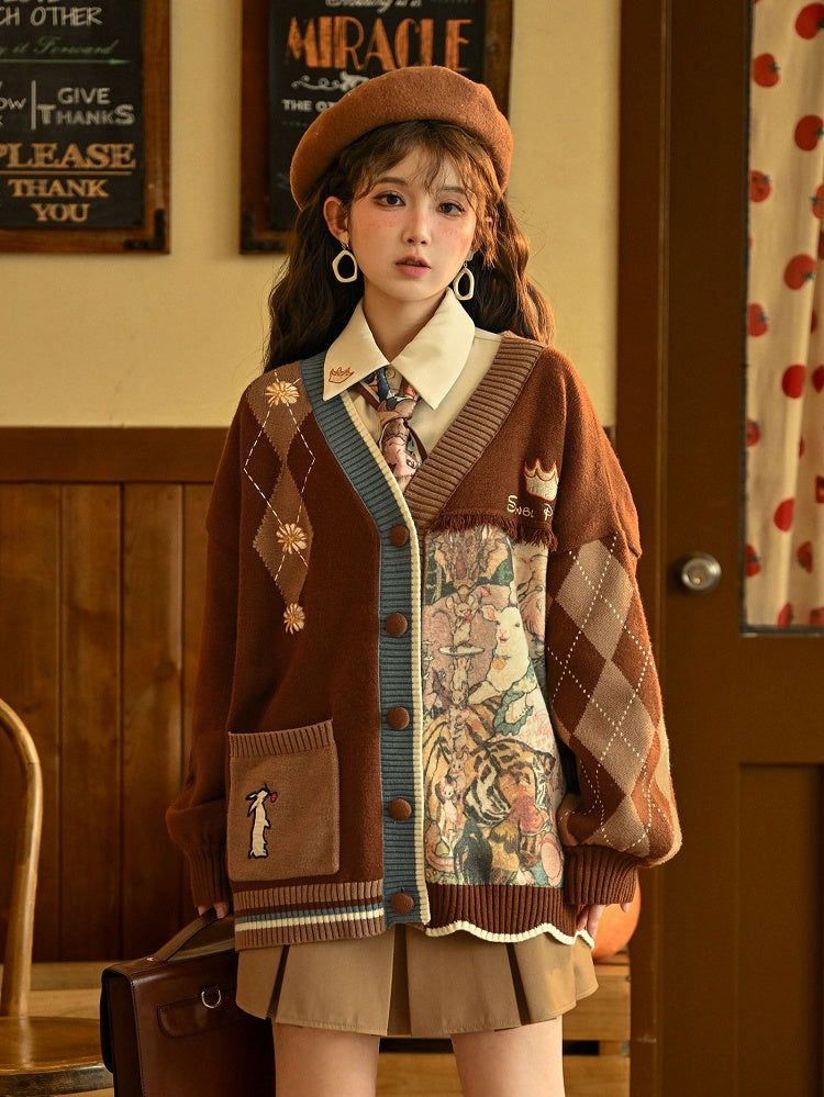 Braune Strickjacke mit Stickerei und Gänseblümchen