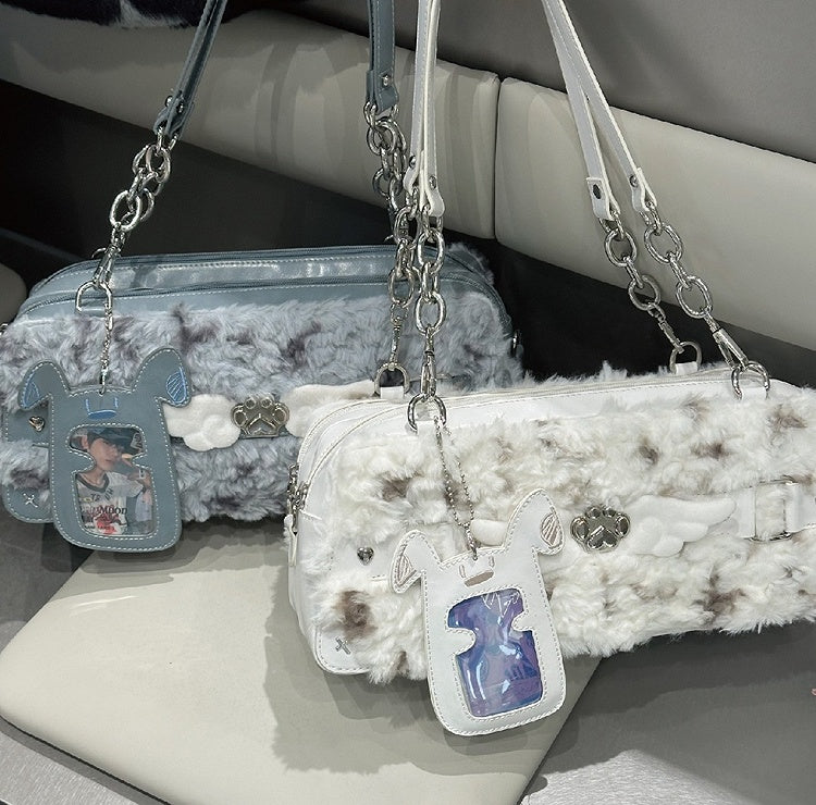 White Plush Ita Bag with Cute Puppy Charm - Daylight