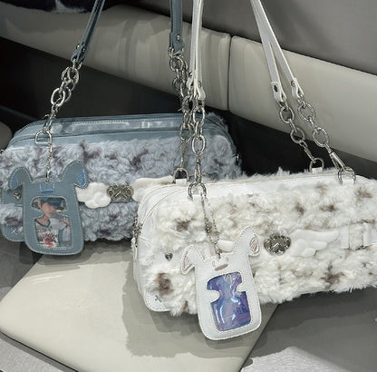 White Plush Ita Bag with Cute Puppy Charm - Daylight
