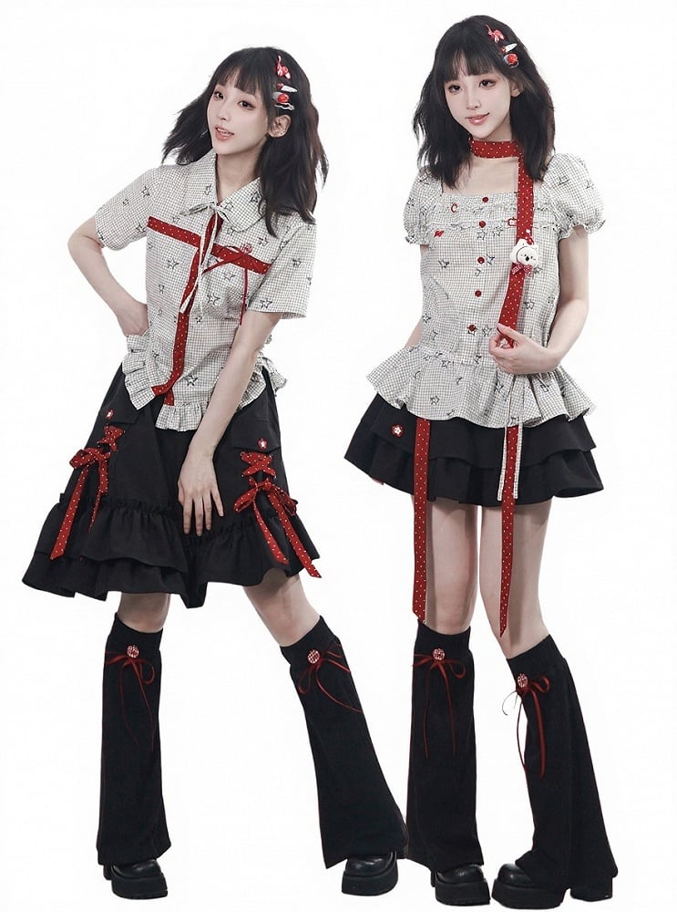 Asymmetric Ruffle Black Skirt with Polka Dot Lace Up - PINK SAVIOR