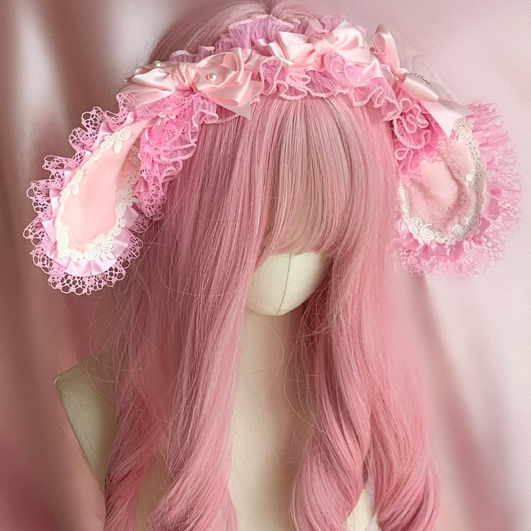Bowknot Trimming Cute Ear Pink-White Bunny KC Plush