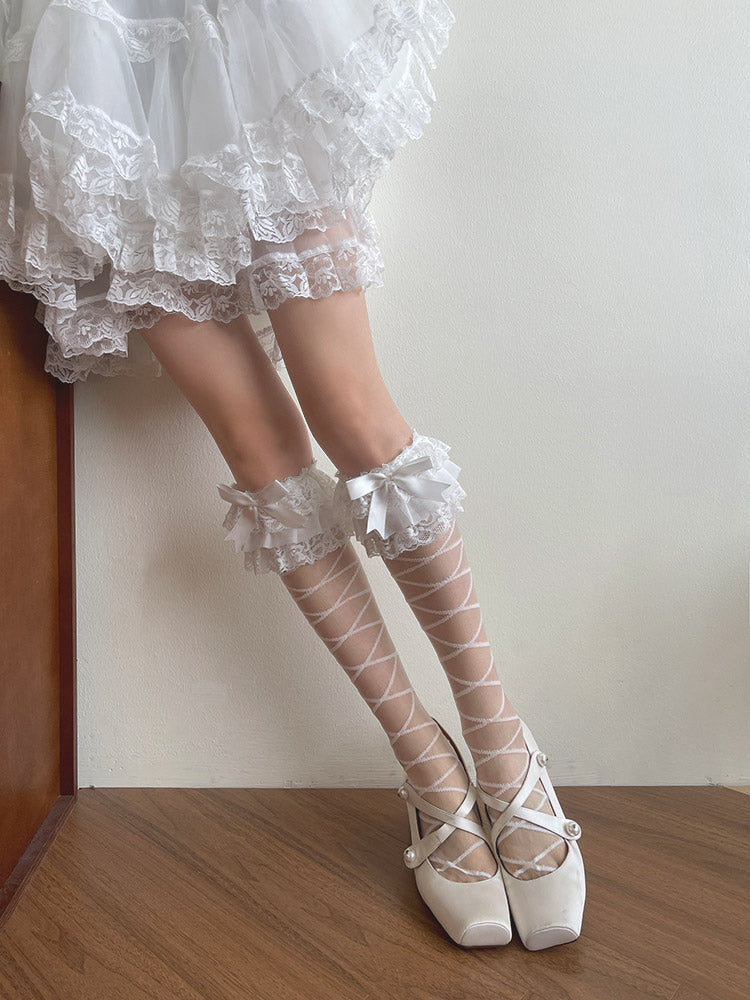 Calf Wide Strappy Lolita with Pattern Lace Socks White/Black Striped Bow