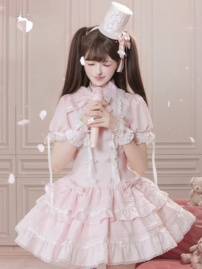 Adorable Pink OP Dress with Heart Buttons, Puff Sleeves, Lace & Bow Accents - Cat Cake