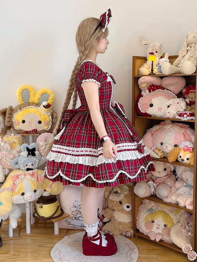 with Lolita Scalloped and Dress Puff Trim Bow Accents Sweet Plaid Edge Sleeves Red