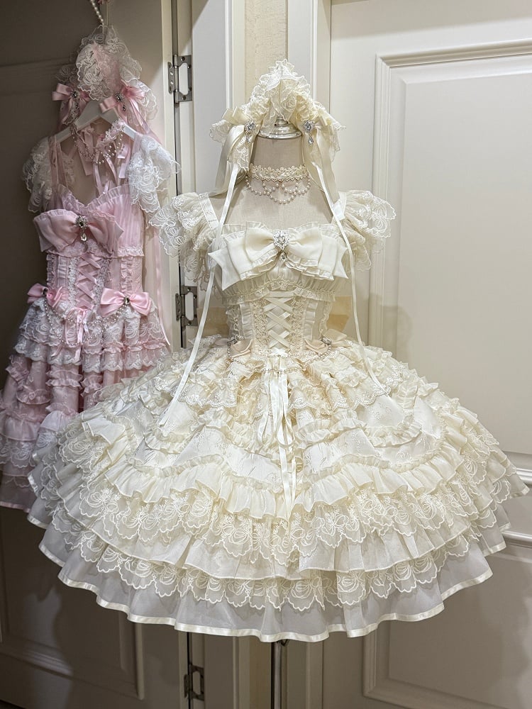 Gentle Apricot Details Lolita Lace Bows Multi-Layer with Dress Hanayome-Style Rhinestone JSK