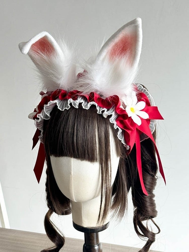 Rosa Ohren und rot/pink/schwarzes Kaninchen Daisy mit Haarband Dekoration Lolita Spitze