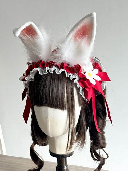 Rosa Ohren und rot/pink/schwarzes Kaninchen Daisy mit Haarband Dekoration Lolita Spitze
