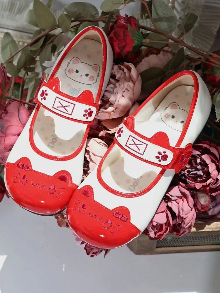 Red Sweet Lolita Flats - Cat Ear Velcro, Paw Stitching & Round Toe