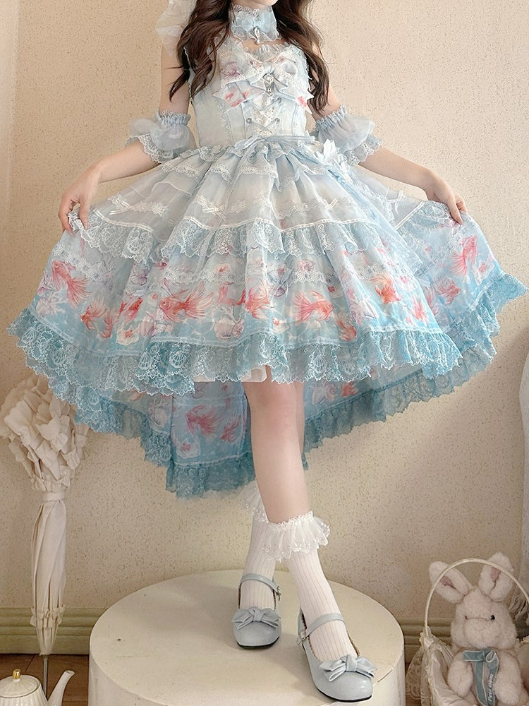 Robe salopette asymétrique imprimé poisson rouge - Mewroco