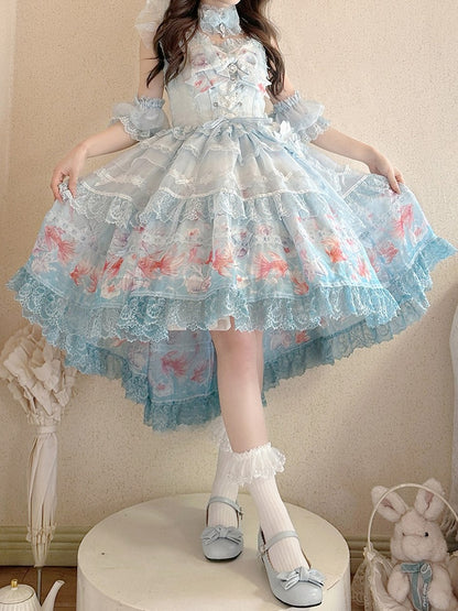 Robe salopette asymétrique imprimé poisson rouge - Mewroco
