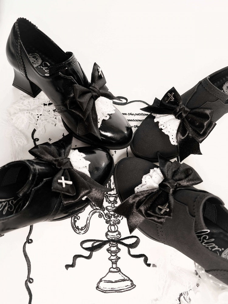 Black Velvet Gothic Bowknot High Heels Cross Lace - EvilStar