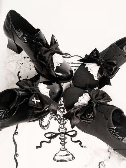 Black Velvet Gothic Bowknot High Heels Cross Lace - EvilStar