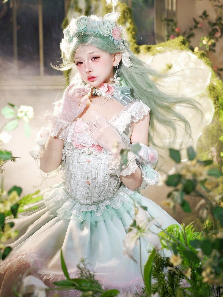 Set Green KC Sleeves Choker Lolita Full Skirt Bow Corset Top Detachable Decorated and Sweet Lace +