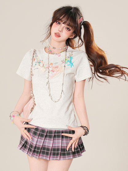 Cartoon T-Shirt Print Glamorous Charm Kette Grau