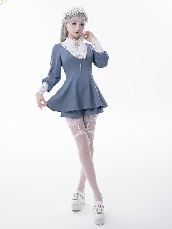 Style Sleeves Set: Blue Coord Light Kei Jirai Nun with Leg-of-Mutton Top