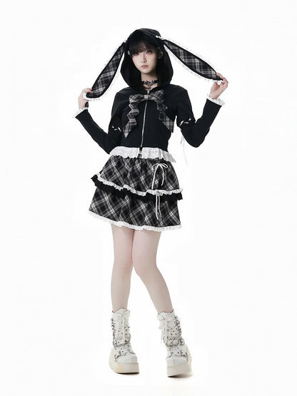 Schnürung, Spitzenbesatz, Hasenohren, weiß/schwarzes Design, Kapuze, Reißverschluss, Kapuzenärmel, abnehmbar