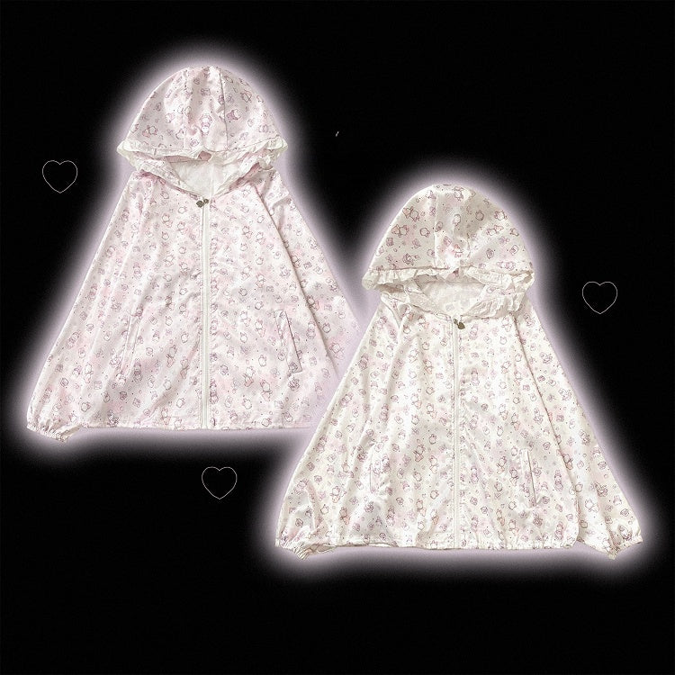 Bunny Print Hooded UV Protection Jacket, Pink & White, Ryousangata - Kitty Bxllet