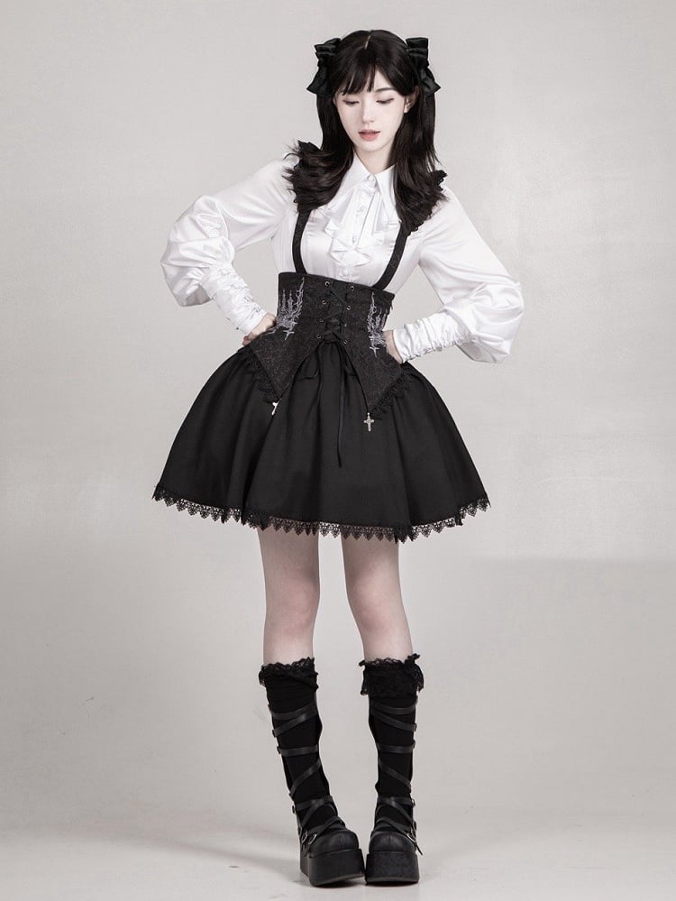 Shirt Long Foldover Gothic Cascading Sleeves Pointed Ruffles Lolita White Collar