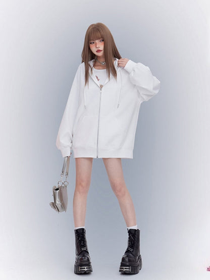 Sports Tank Three-pieces White Set-Zip Top+Shorts Closure Hoodie+Graphic