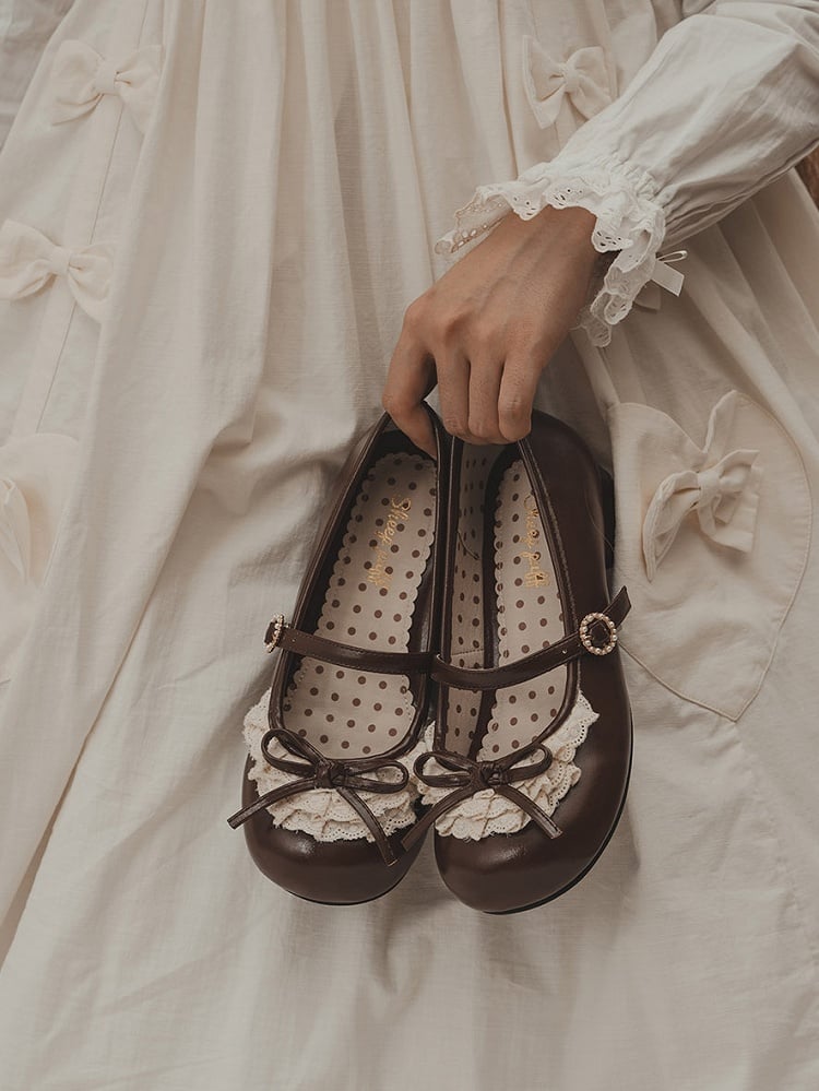 Runde Janes Mary-Schuhe mit geknoteter Akzentspitze, schokoladenbraune Spitzenabsätze, braune Schleifenverzierung, 2,2 cm/4,3 cm