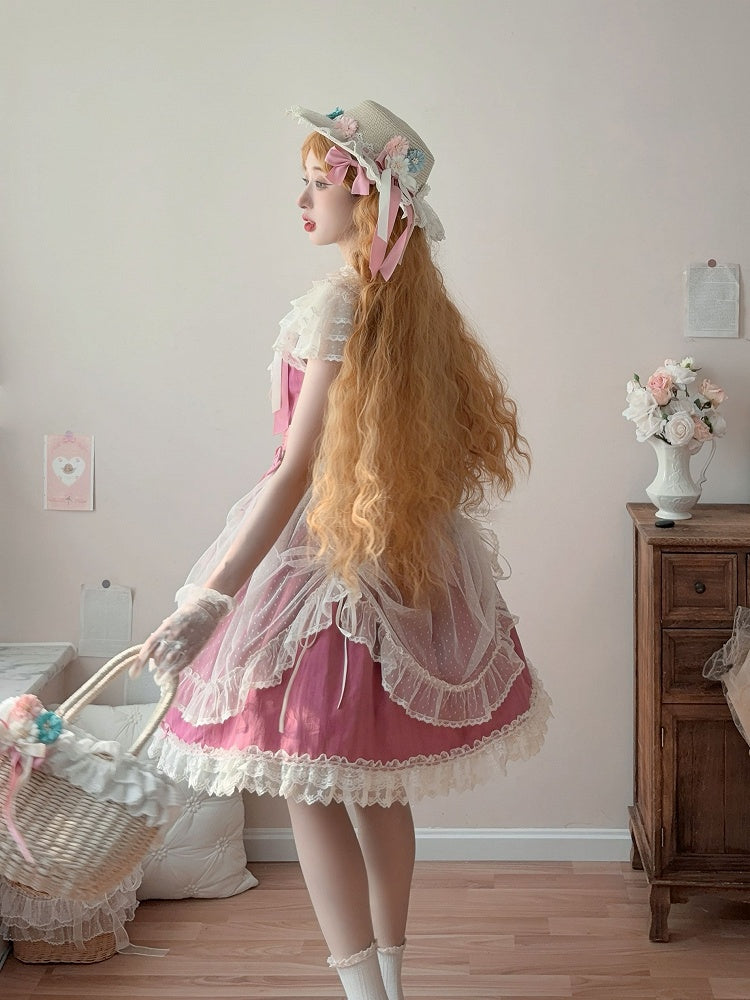 Pink Elegant Bow Version with Details Short Dress Lolita and Lace Classic Rose