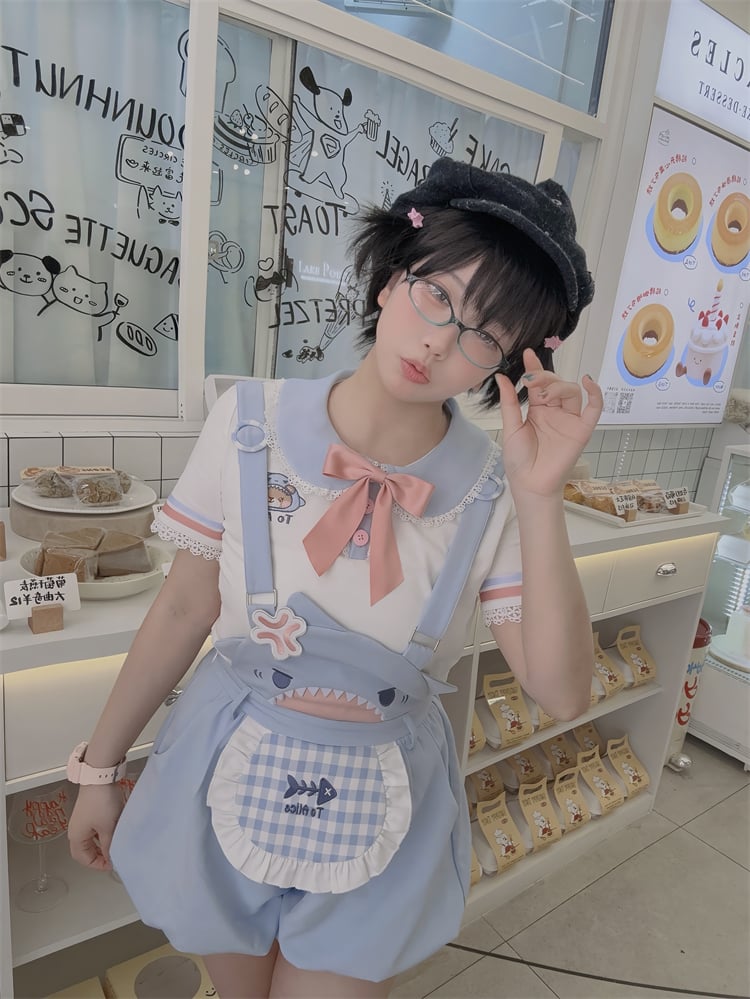 Shorts Bubble Shark Light Blue  Apron Design Overalls
