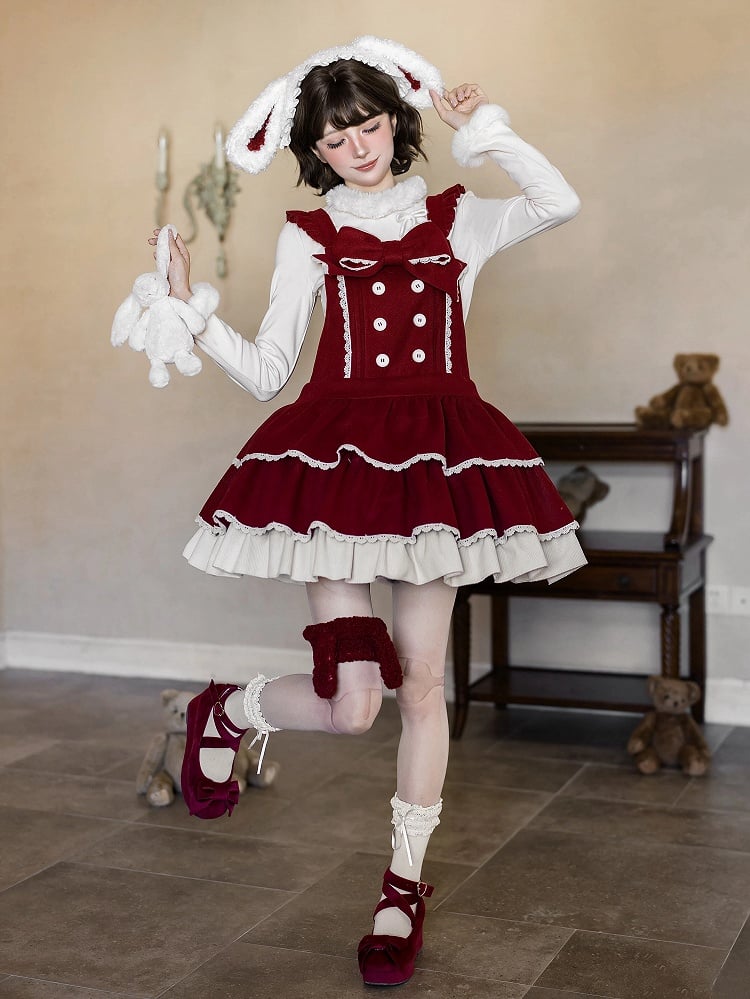 and Overall Sweet Lolita Bow Dress Straps Tiered Red Waist Dropped with Hem Ruffle