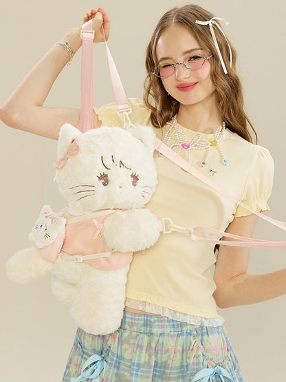 Plush Backpack / Pink Cat Kawaii Crossbody White