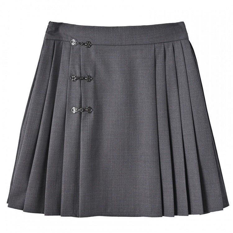 グレーのプレッピーノットボタン太もも丈プリーツスカート