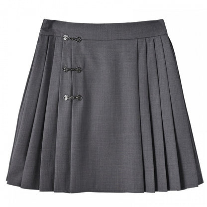グレーのプレッピーノットボタン太もも丈プリーツスカート