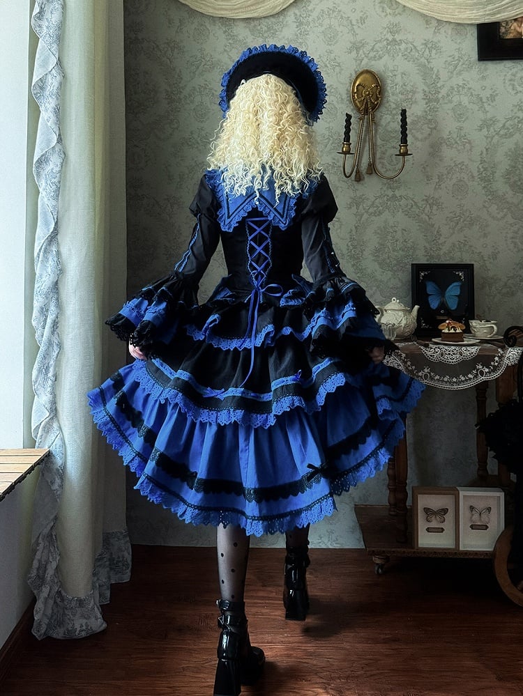 Weste Rock Gothic und Shirt + Ärmel Lolita High Waist Blau Schwarz Glocke - Set Klein