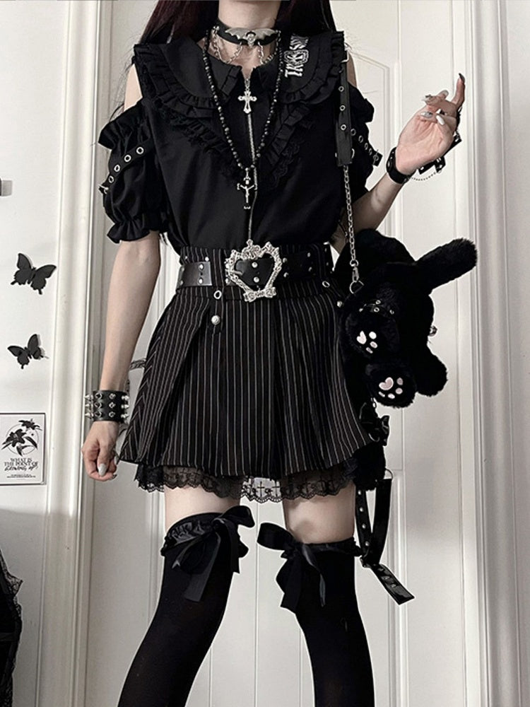 Accents with Black Short Shoulder Ruffle Gothic Sleeve Chest Cut-Outs Puff Shirt