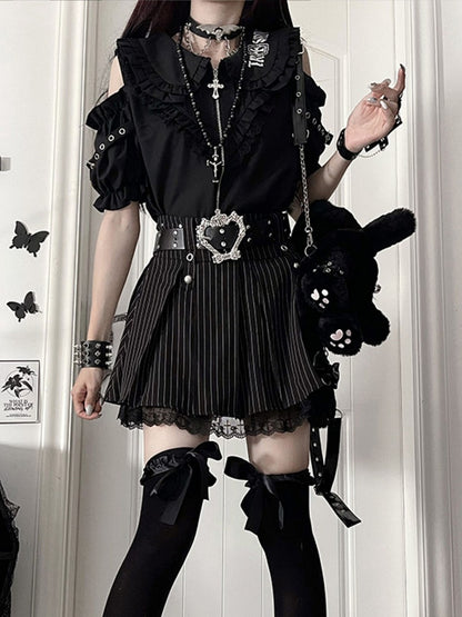 Accents with Black Short Shoulder Ruffle Gothic Sleeve Chest Cut-Outs Puff Shirt