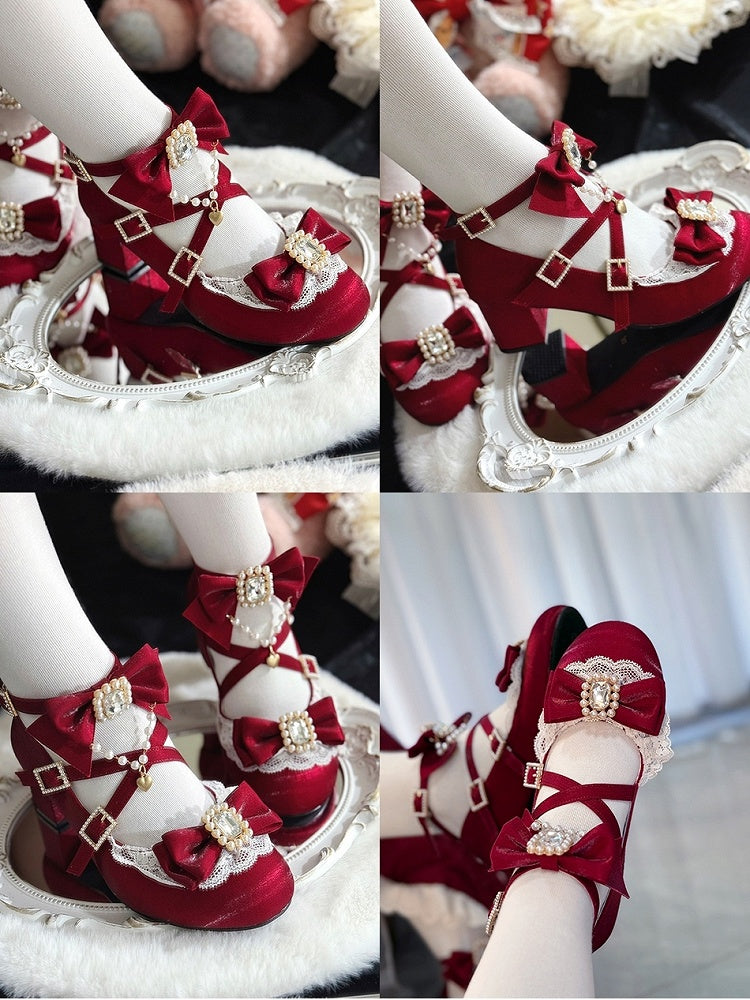 Lace with Edging Sweet Lolita Beaded Mary Heart Mid-heel Chain Jane Red Shoes Decor in Bows