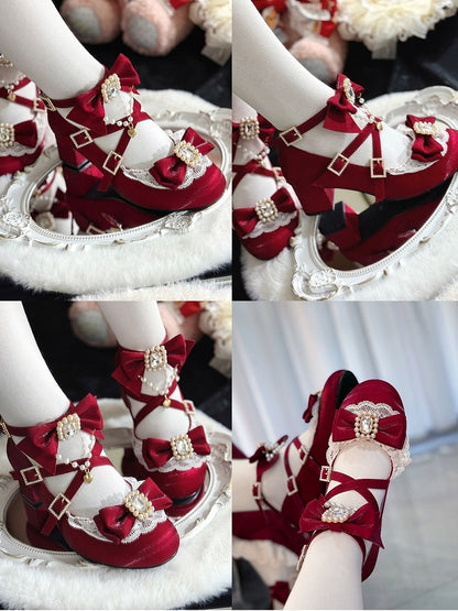 Lace with Edging Sweet Lolita Beaded Mary Heart Mid-heel Chain Jane Red Shoes Decor in Bows