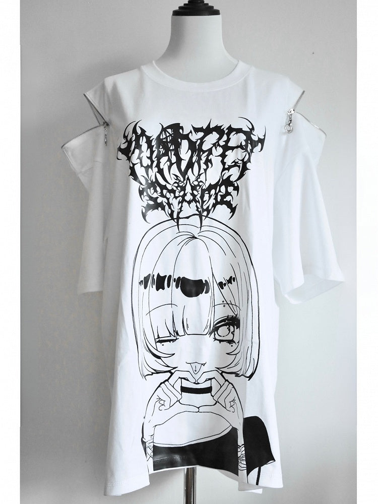 Jirai Neck Weiß Cartoon Kei T-shirt Druck Runde Mädchen