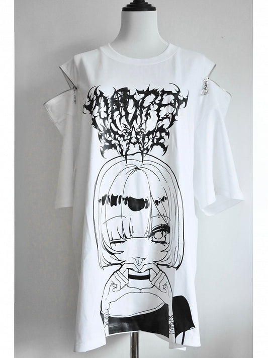 Jirai Neck White Cartoon Kei T-shirt Print Round Girl