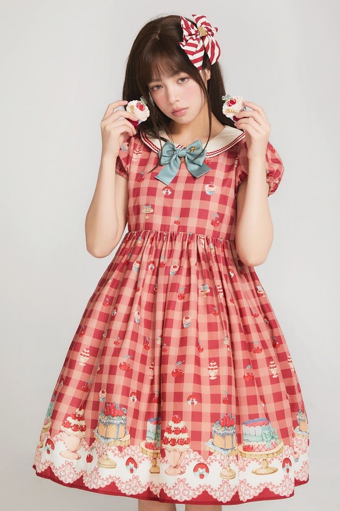 Rotes, hoch tailliertes Lolita-Kleid mit Kirsch- und Dessert-Gingham-Muster